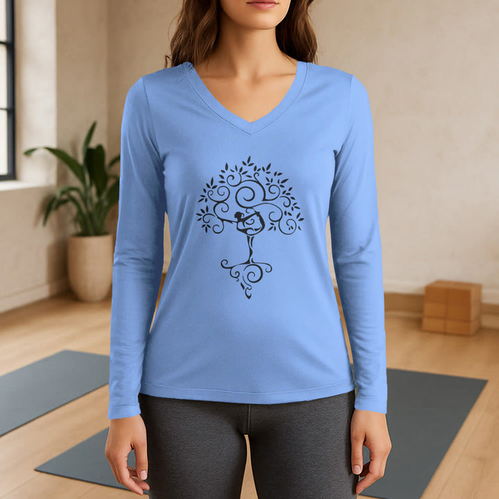 Olivenorma Yoga Tree Pose Long Sleeve V-Neck T-Shirt - Light Blue - 3XL - image 12