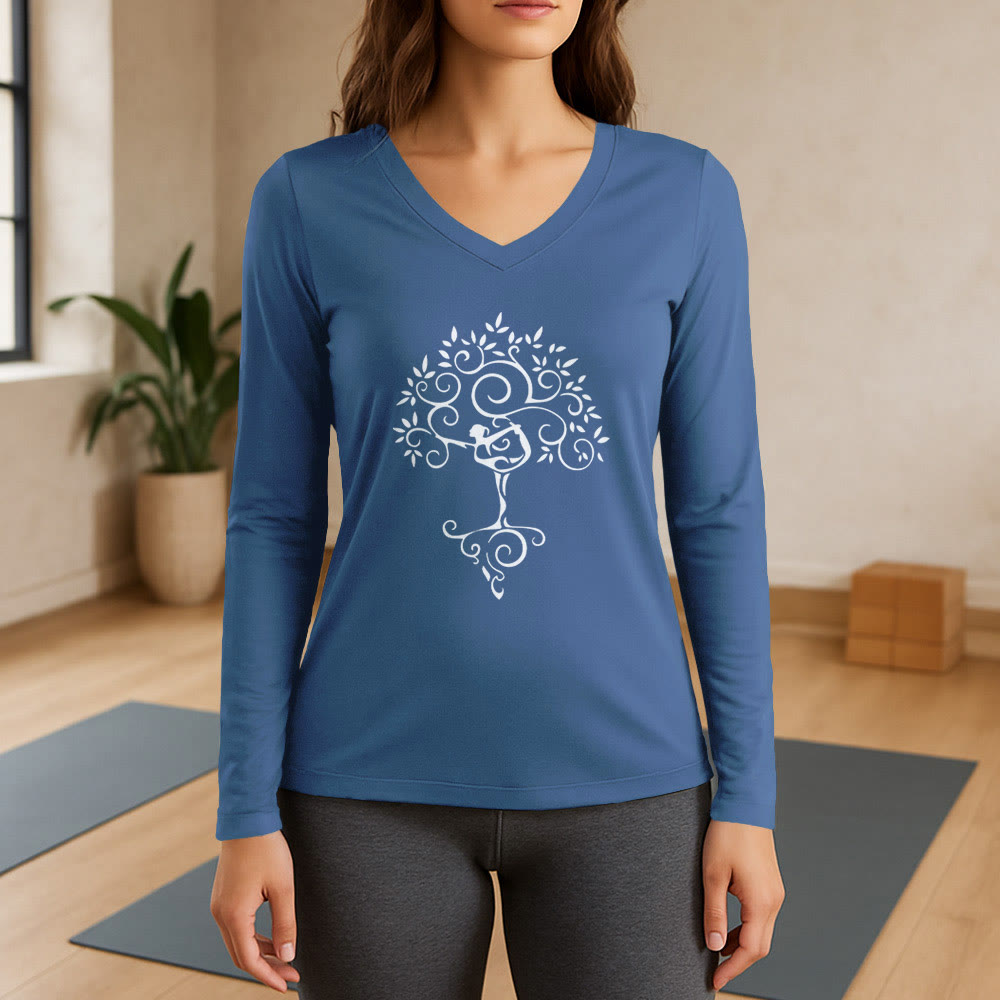 Olivenorma Yoga Tree Pose Long Sleeve V-Neck T-Shirt - Blue - 3XL - image 13