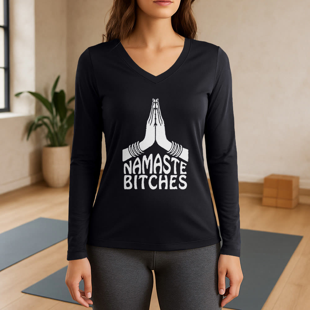 Olivenorma Funny Namaste Meditation Yoga Long Sleeve V-Neck T-Shirt - Black - 3XL - image 0