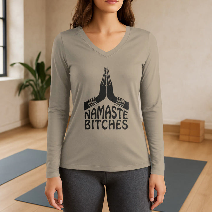 Olivenorma Funny Namaste Meditation Yoga Long Sleeve V-Neck T-Shirt - Khaki - 3XL - image 17