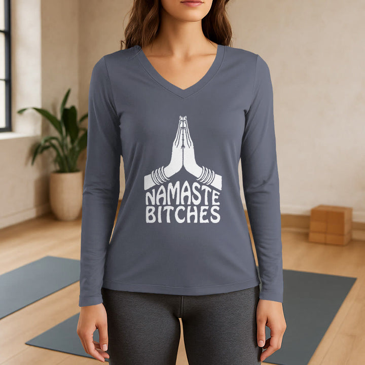 Olivenorma Funny Namaste Meditation Yoga Long Sleeve V-Neck T-Shirt - Gray - 3XL - image 16
