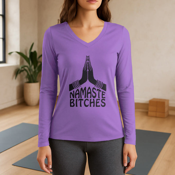 Olivenorma Funny Namaste Meditation Yoga Long Sleeve V-Neck T-Shirt - Purple - 3XL - image 14