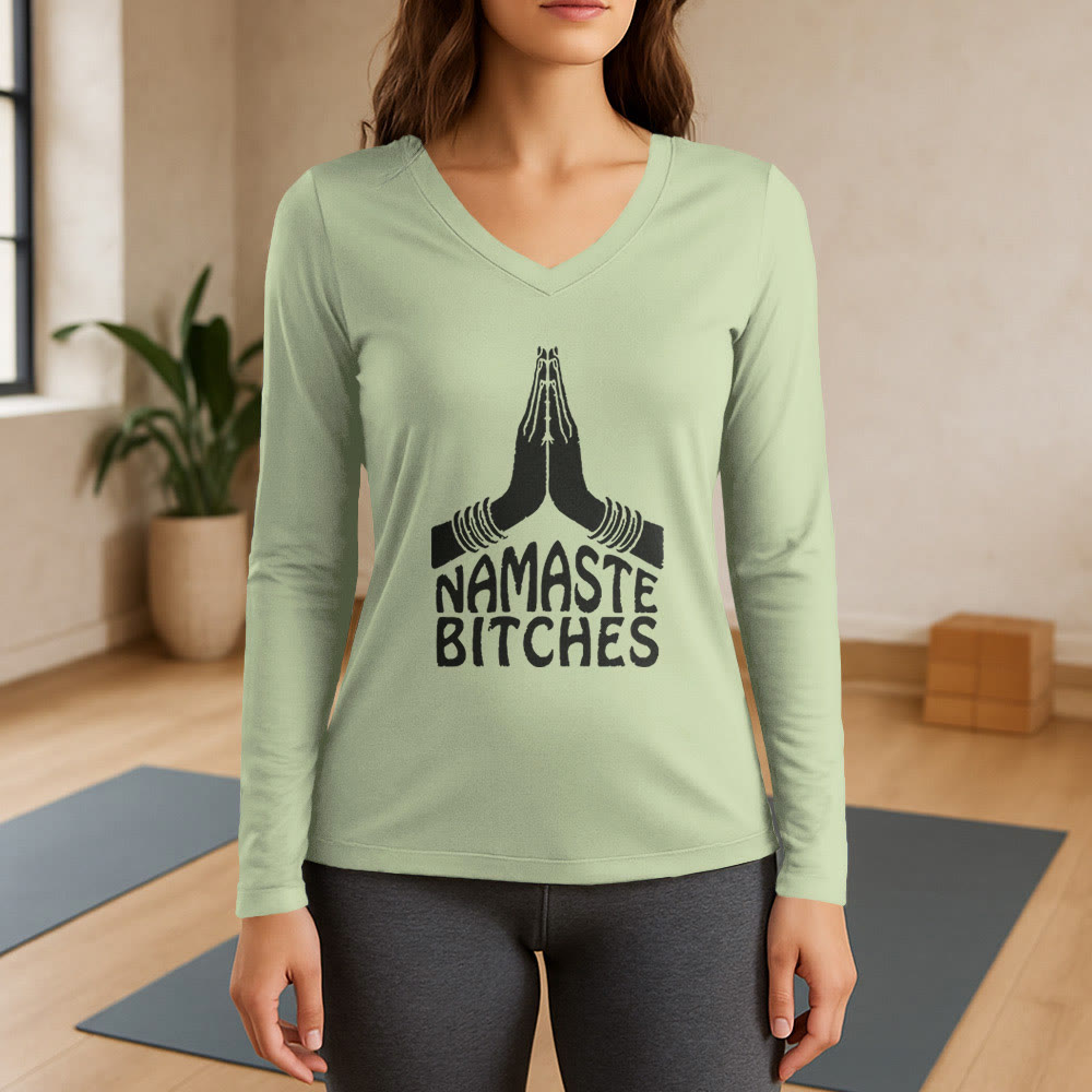 Olivenorma Funny Namaste Meditation Yoga Long Sleeve V-Neck T-Shirt - Light Green - 3XL - image 9