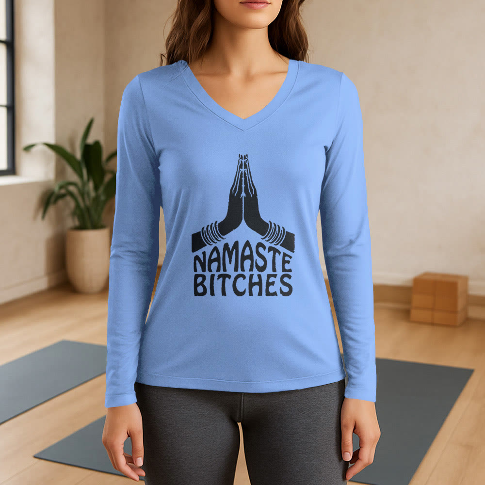 Olivenorma Funny Namaste Meditation Yoga Long Sleeve V-Neck T-Shirt - Light Blue - 3XL - image 10