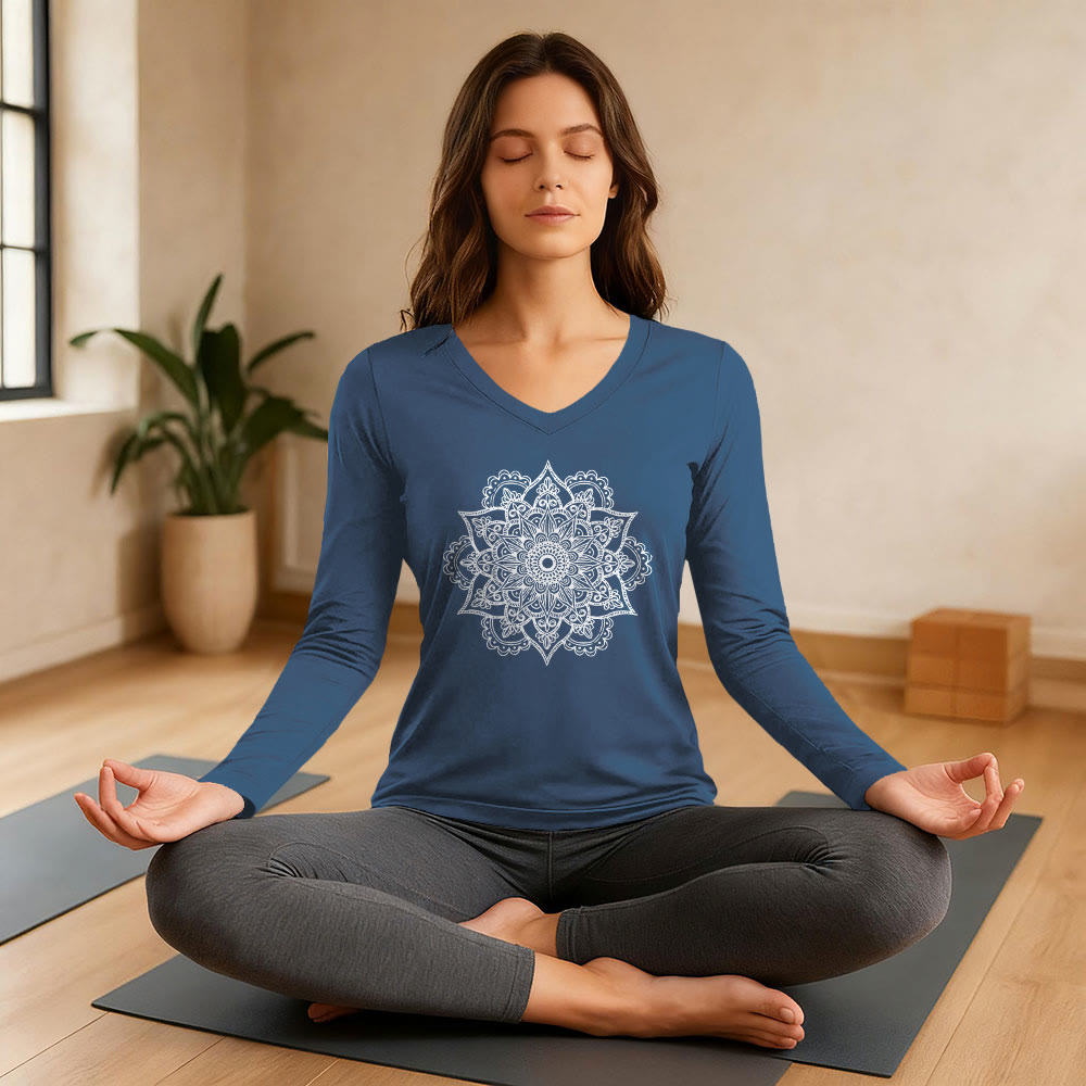 Olivenorma Colorful Lotus Elephant Printed Long Sleeve V-Neck T-Shirt - image 3