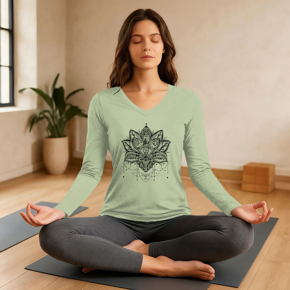 Olivenorma Lotus Printed Large Long Sleeve V-Neck T-Shirt - image 3