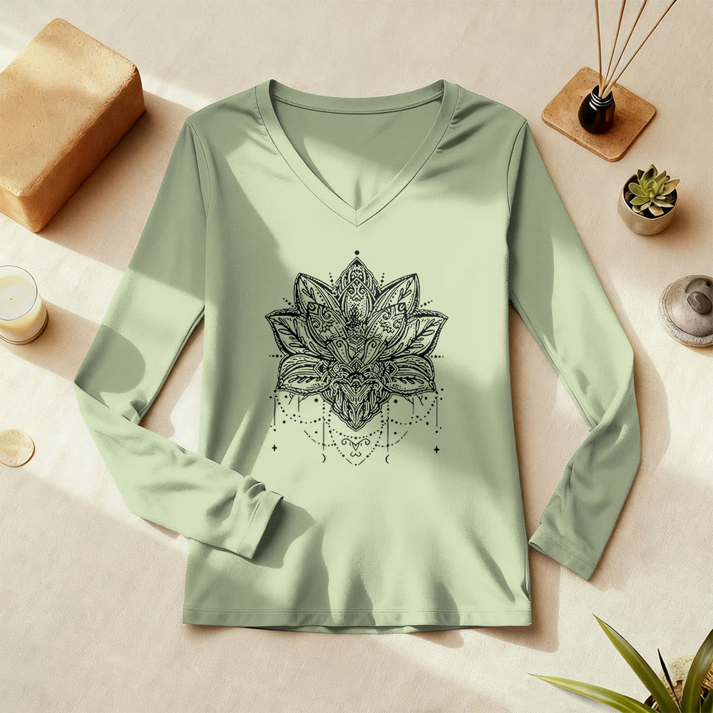 Olivenorma Lotus Printed Large Long Sleeve V-Neck T-Shirt - image 0