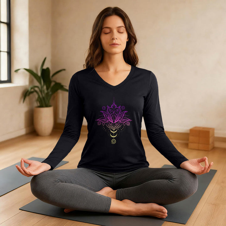Olivenorma OM Lotus Flower Long Sleeve V-Neck T-Shirt - image 3