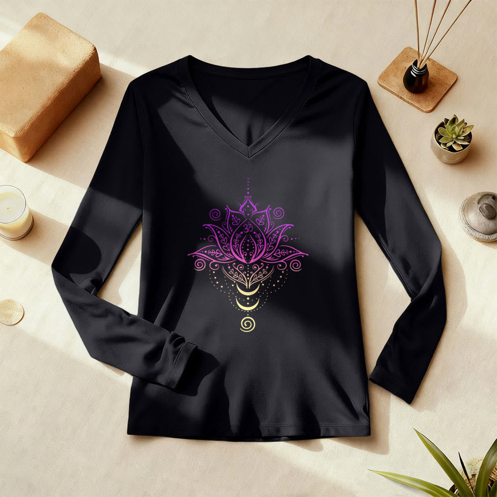 Olivenorma OM Lotus Flower Long Sleeve V-Neck T-Shirt - image 1