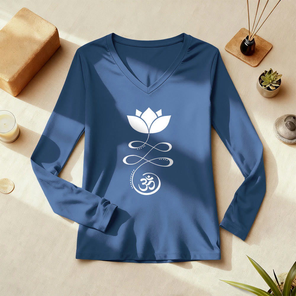 Olivenorma Yoga Lotus Flower Om Symbol Long Sleeve V-Neck T-Shirt - image 1