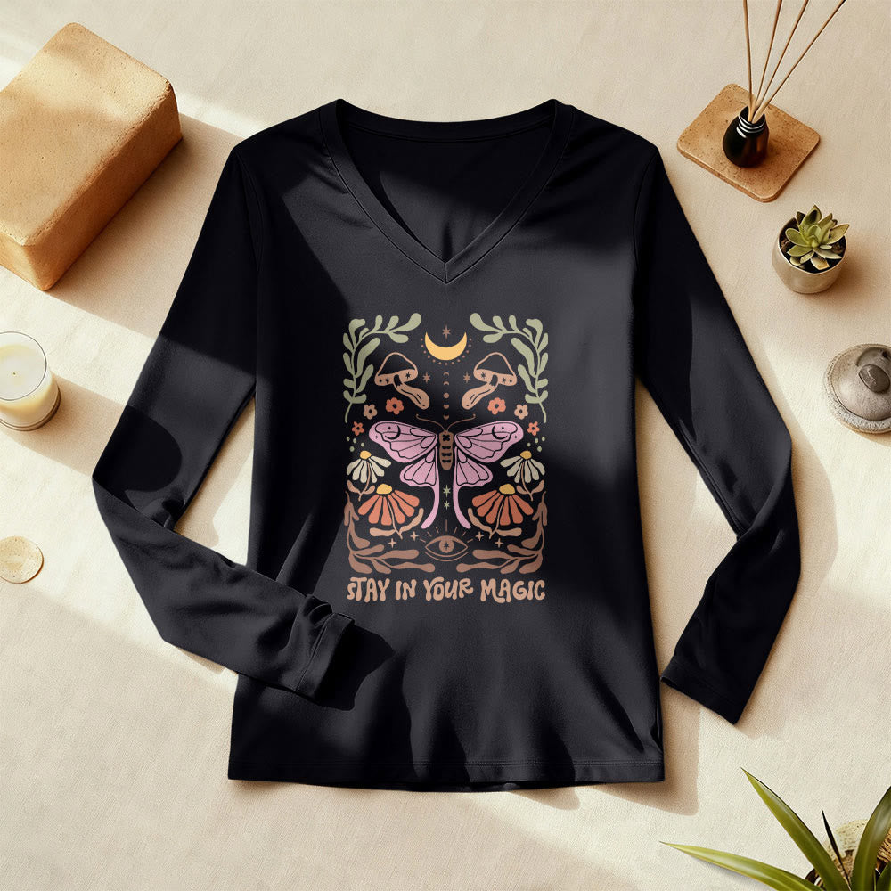 Olivenorma Luna Moth Long Sleeve V-Neck T-Shirt - image 1