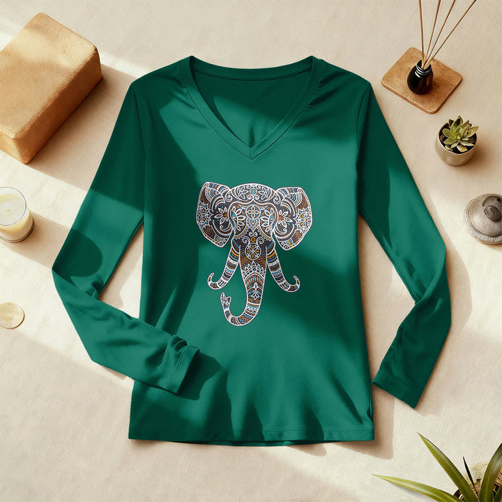 Olivenorma Women's Nature and Animal Elephant Long Sleeve V-Neck T-Shirt - image 1