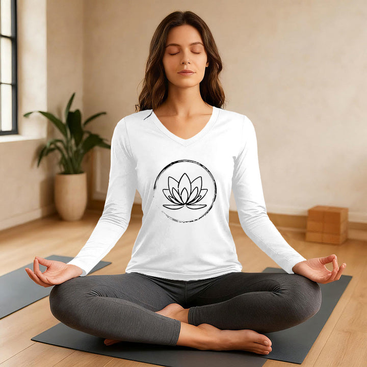 Olivenorma Boho Lotus Flower Long Sleeve V-Neck T-Shirt - image 3