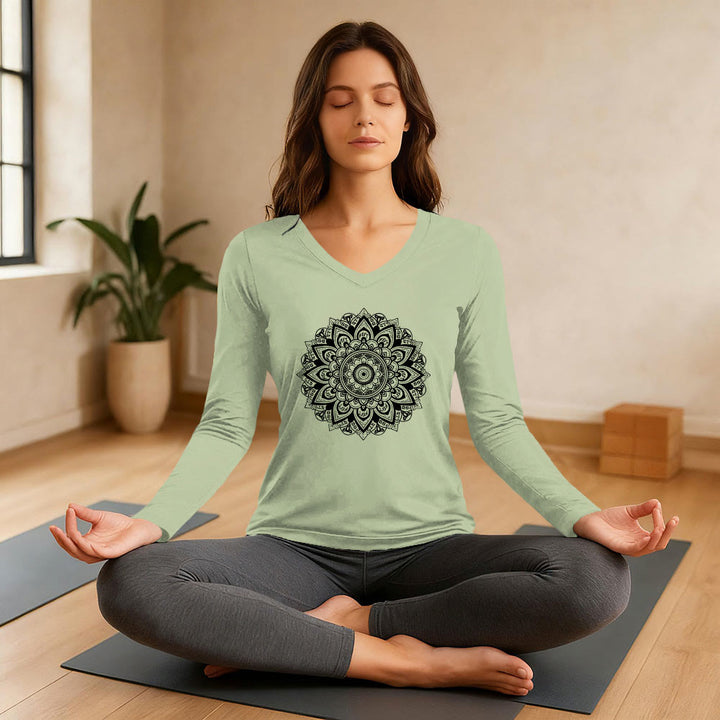 Olivenorma Lotus Flower Geometric Pattern Yoga Long Sleeve V-Neck T-Shirt - image 3
