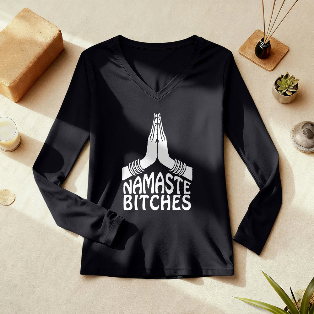 Olivenorma Funny Namaste Meditation Yoga Long Sleeve V-Neck T-Shirt - image 1