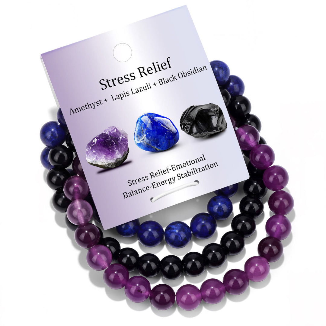 Olivenorma Natural Stone Beaded Healing Bracelet Set - Amethyst&Lapis Lazuli&Black Obsidian - image 3