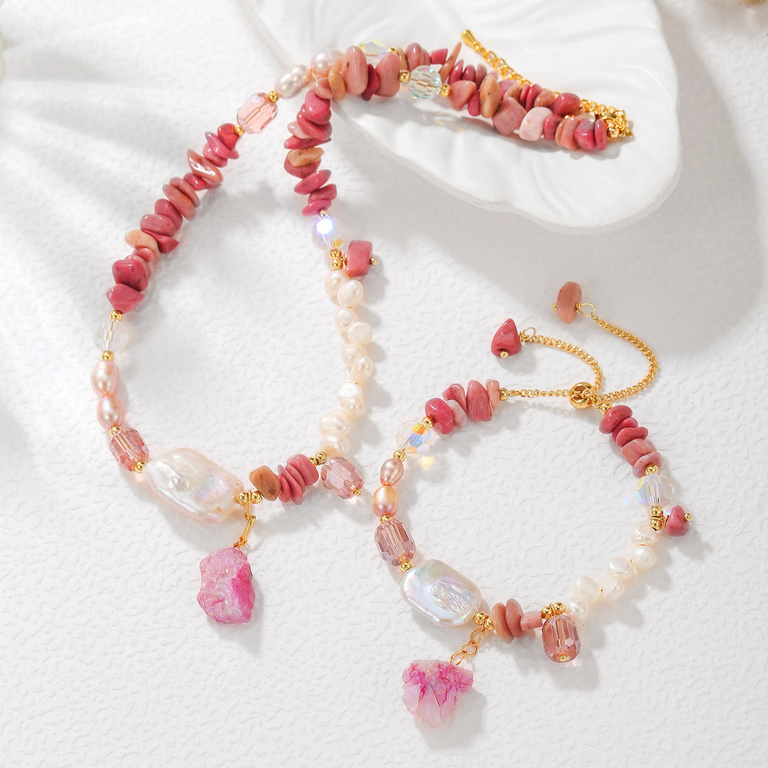 Olivenorma Rhodonite Pearl Crystal Jewelry Set - Bracelet&Necklace Set - image 1