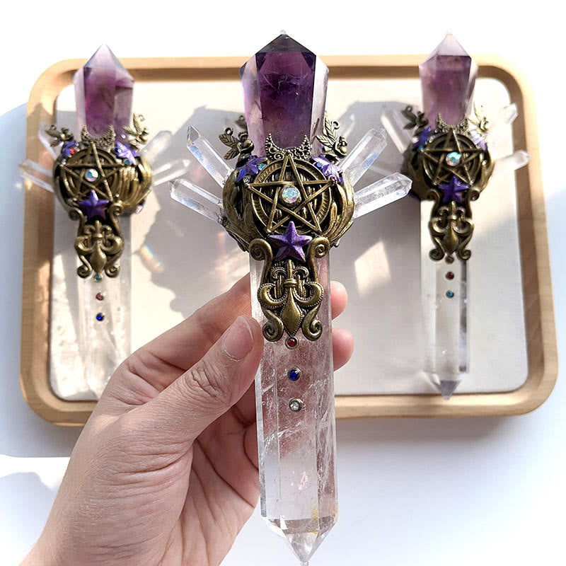 Olivenorma Natural Amethyst&Clear Quartz Wand Gemstone Decoration - Amethyst&Clear Quartz - Single Piece - image 1