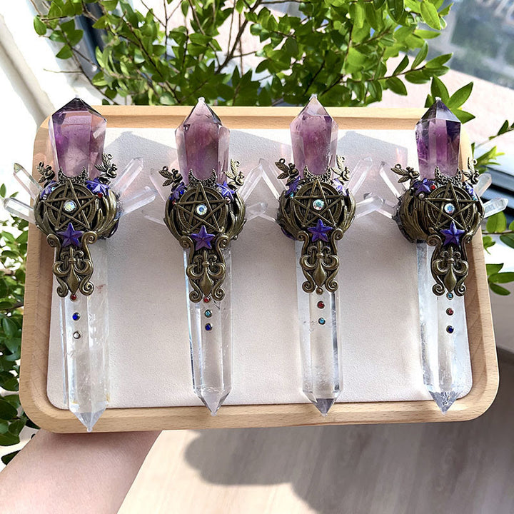 Olivenorma Natural Amethyst&Clear Quartz Wand Gemstone Decoration - Amethyst&Clear Quartz - Five Pieces - image 0