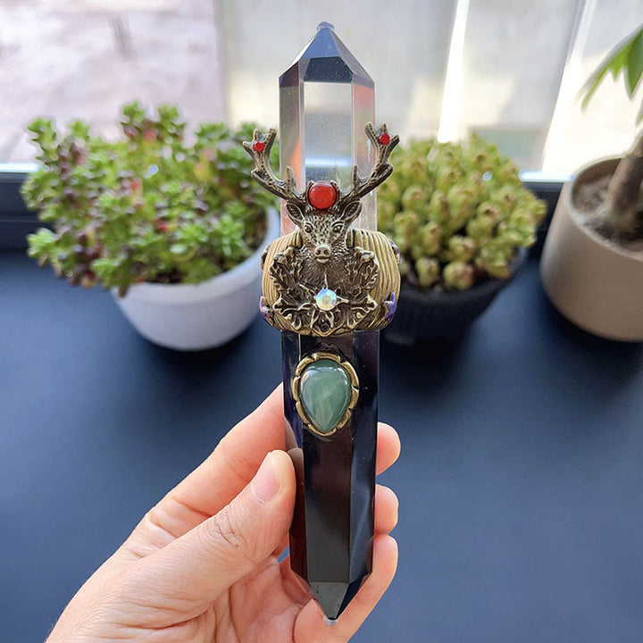 Olivenorma Natural Crystal Magic Wand Gemstone Decoration - Clear Quartz&Obsidian - Style#01 - image 1