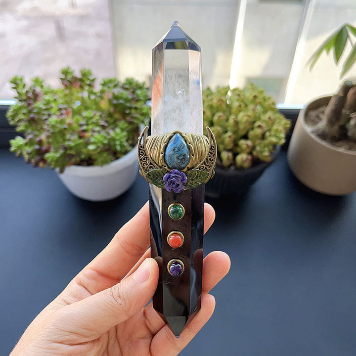 Olivenorma Natural Crystal Magic Wand Gemstone Decoration - Clear Quartz&Obsidian - Style#02 - image 2