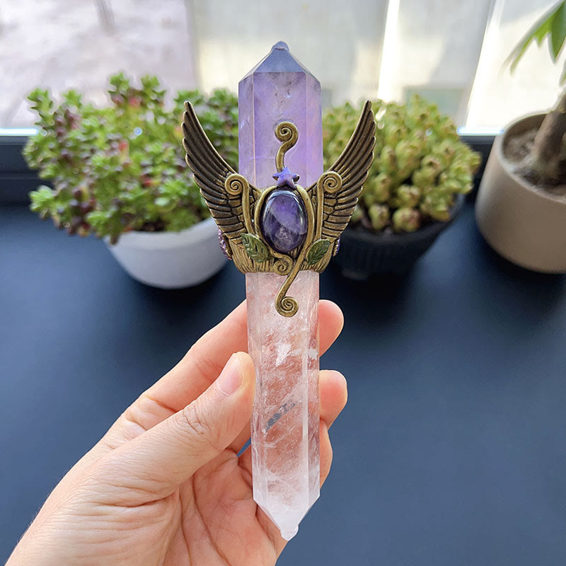 Olivenorma Natural Crystal Magic Wand Gemstone Decoration - Amethyst&Clear Quartz - Style#01 - image 5