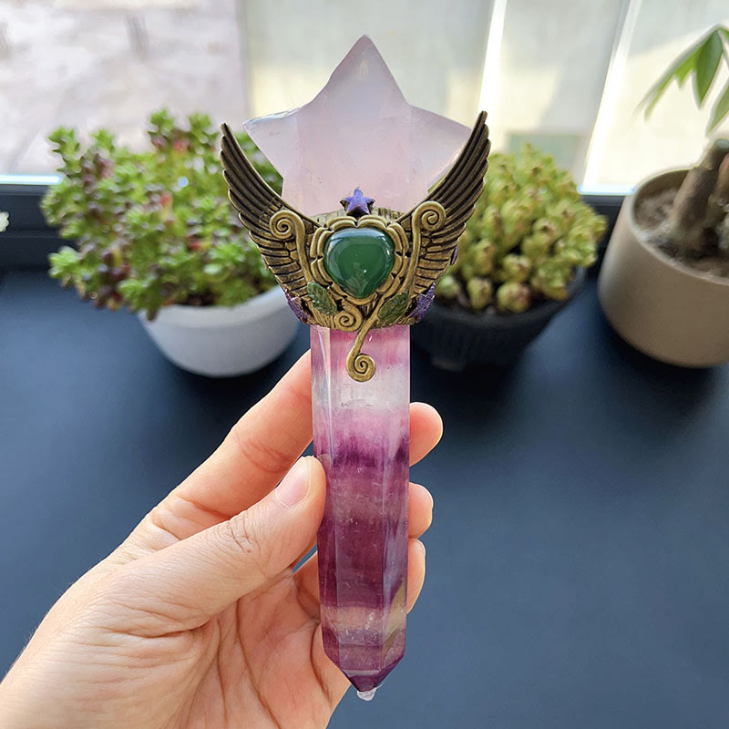 Olivenorma Natural Crystal Magic Wand Gemstone Decoration - Rose Quartz&Fluorite - Style#01 - image 11