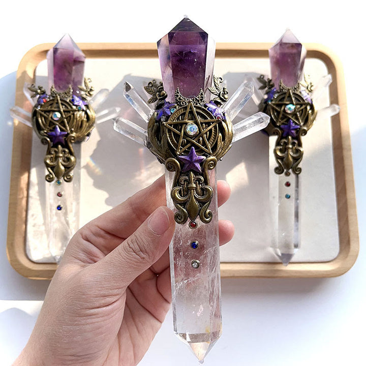 Olivenorma Natural Crystal Magic Wand Gemstone Decoration - Amethyst&Clear Quartz - Style#02 - image 6