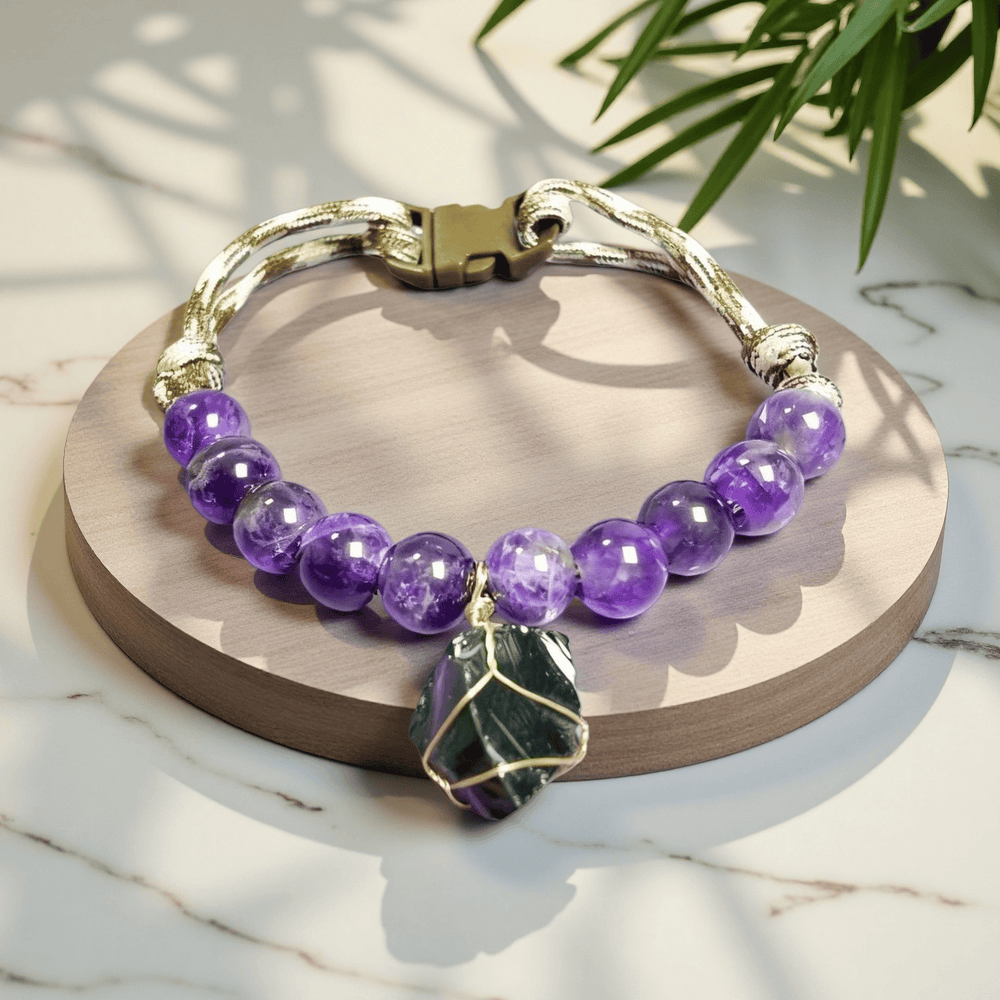 Olivenorma Amethyst&Obsidian Calming Meditation Crystal Pet Collar - Amethyst&Obsidian - Adjustable 30-40cm - image 1