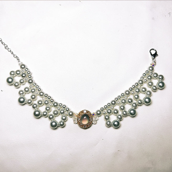 Olivenorma Handmade Pearl Vintage Pet Collar Necklace - Cat's Eye&Freshwater Pearl - Pink - XL(35-43cm) - image 2