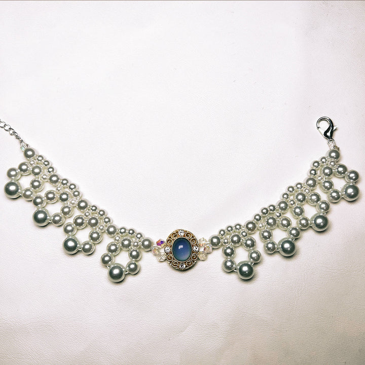 Olivenorma Handmade Pearl Vintage Pet Collar Necklace - Cat's Eye&Freshwater Pearl - Blue - XL(35-43cm) - image 4