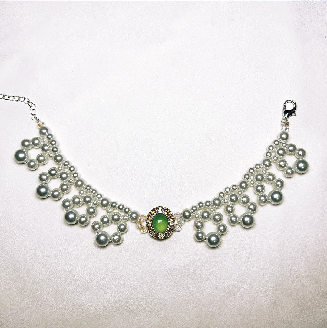 Olivenorma Handmade Pearl Vintage Pet Collar Necklace - Cat's Eye&Freshwater Pearl - Green - XL(35-43cm) - image 3