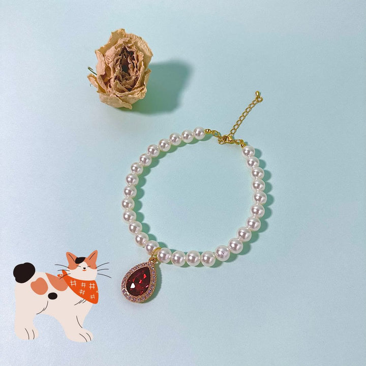 Olivenorma Natural Crystal Cute Kitten Elegant Pearl Pet Collar - Red Zircon - L(30+5cm) - image 1