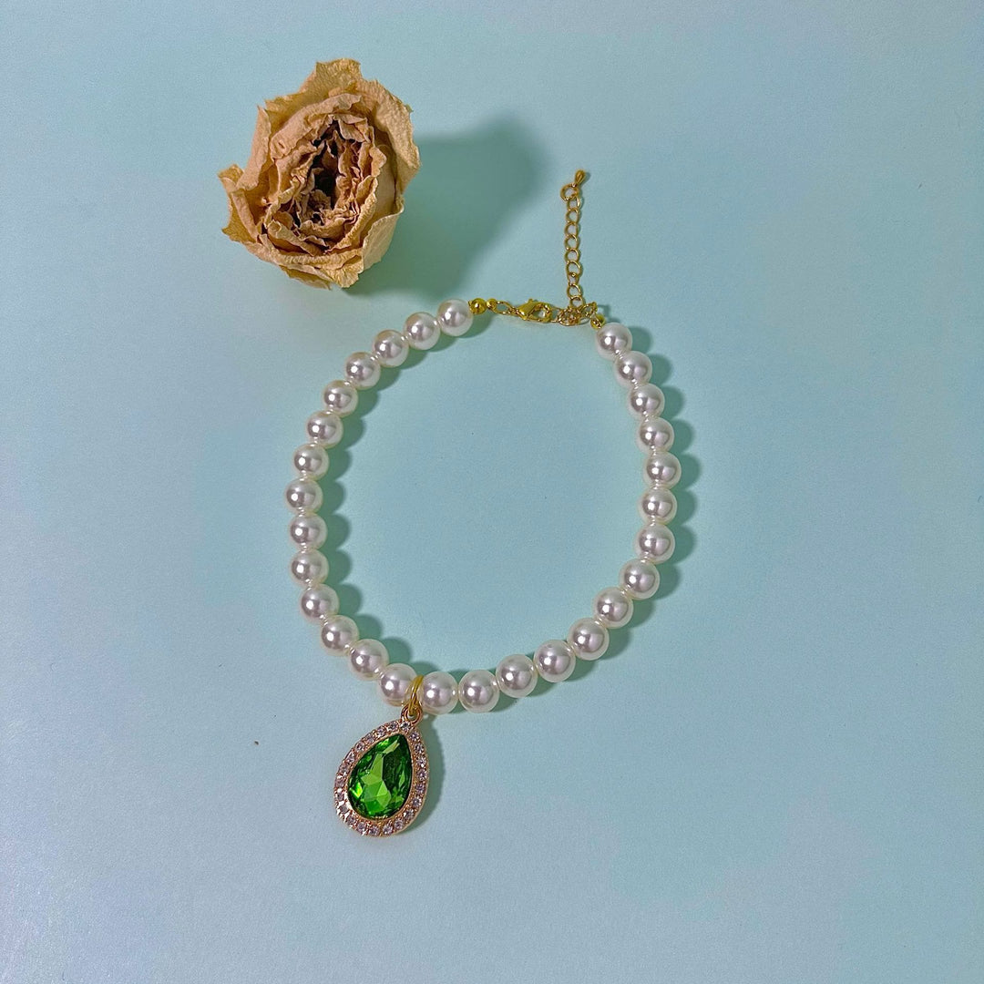 Olivenorma Natural Crystal Cute Kitten Elegant Pearl Pet Collar - Green Zircon - L(30+5cm) - image 4