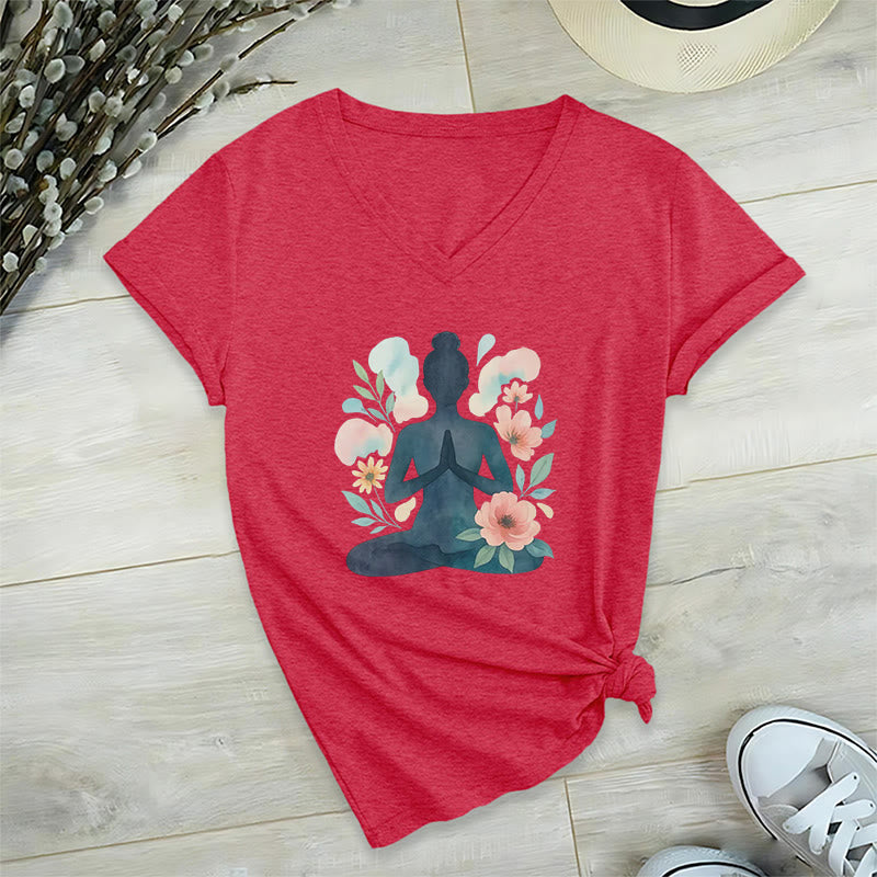 Olivenorma Inner Strength V-Neck Cotton Yoga Meditation T-Shirt - Red - 2XL - image 21