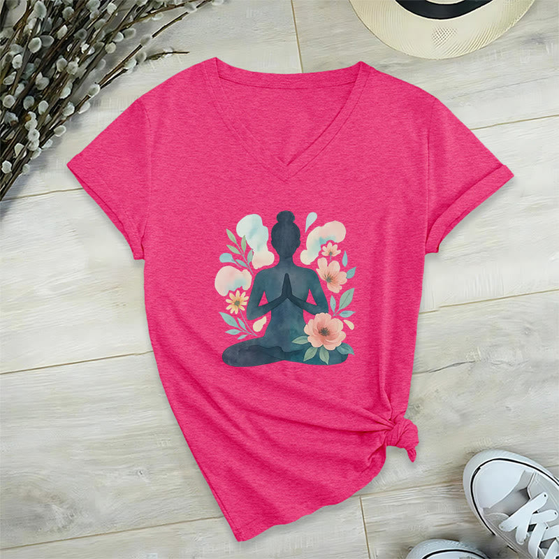 Olivenorma Inner Strength V-Neck Yoga Meditation T-Shirt - Rose Red - 2XL - image 25