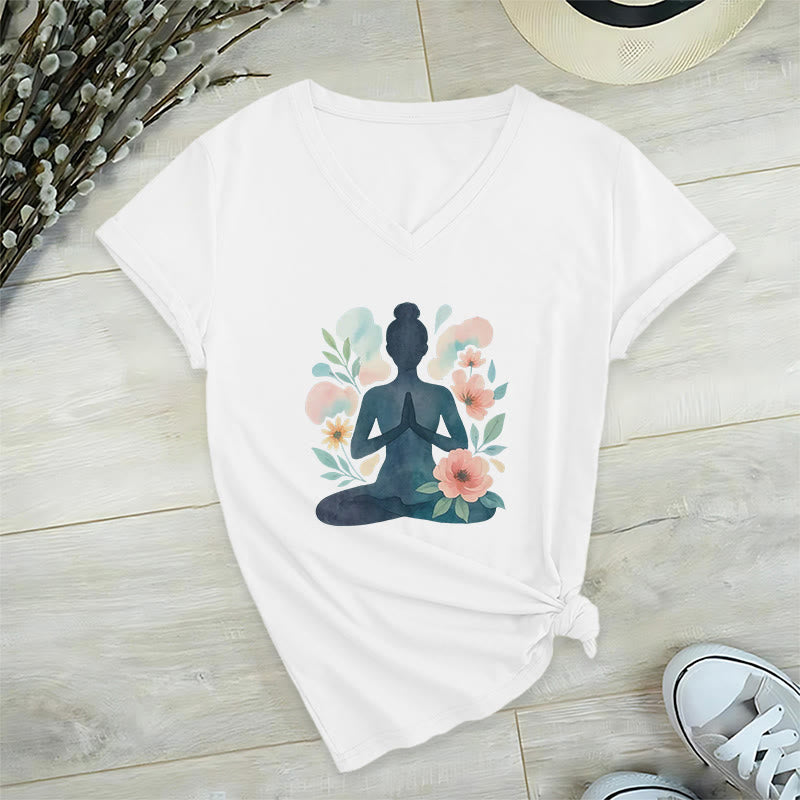 Olivenorma Inner Strength V-Neck Cotton Yoga Meditation T-Shirt - White - 2XL - image 0