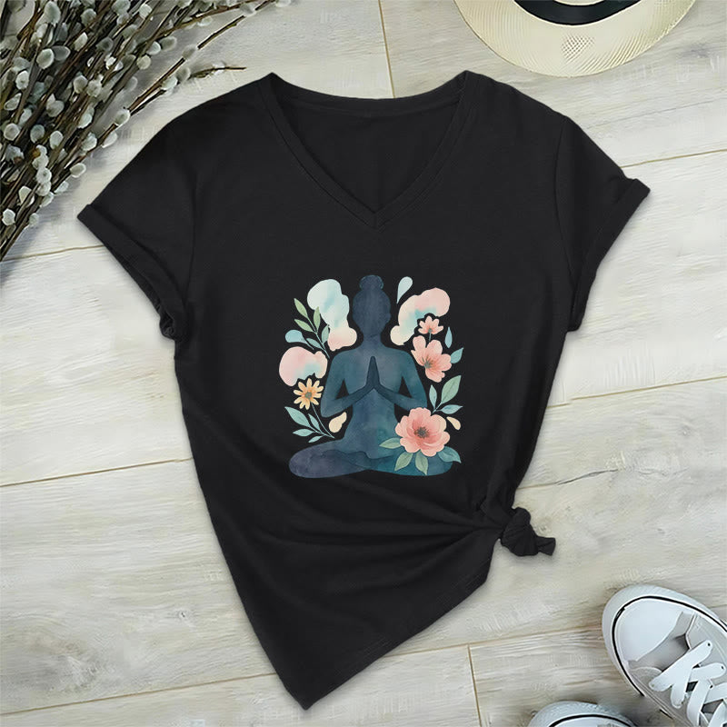 Olivenorma Inner Strength V-Neck Cotton Yoga Meditation T-Shirt - Black - 2XL - image 3