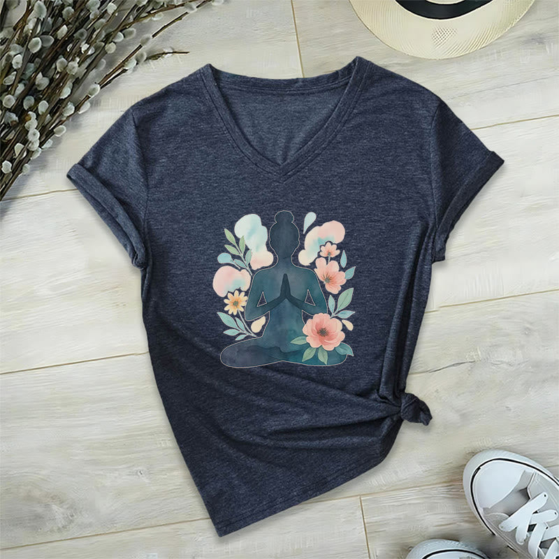 Olivenorma Inner Strength V-Neck Yoga Meditation T-Shirt - Navy Blue - 2XL - image 11