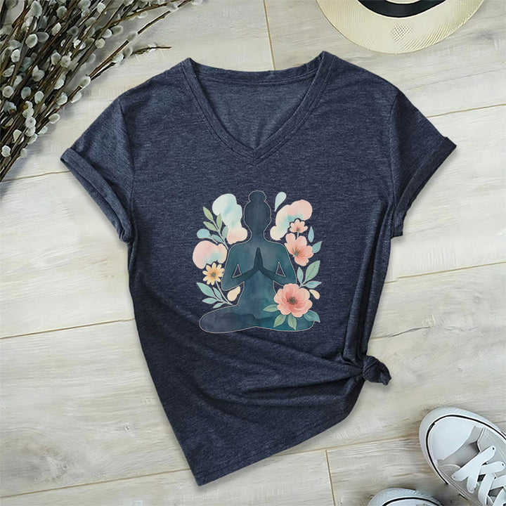 Olivenorma Inner Strength V-Neck Yoga Meditation T-Shirt - Navy Blue - 2XL - image 11