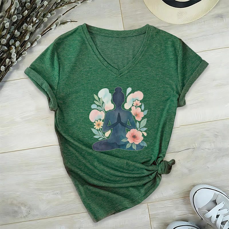 Olivenorma Inner Strength V-Neck Yoga Meditation T-Shirt - Dark Green - 2XL - image 17