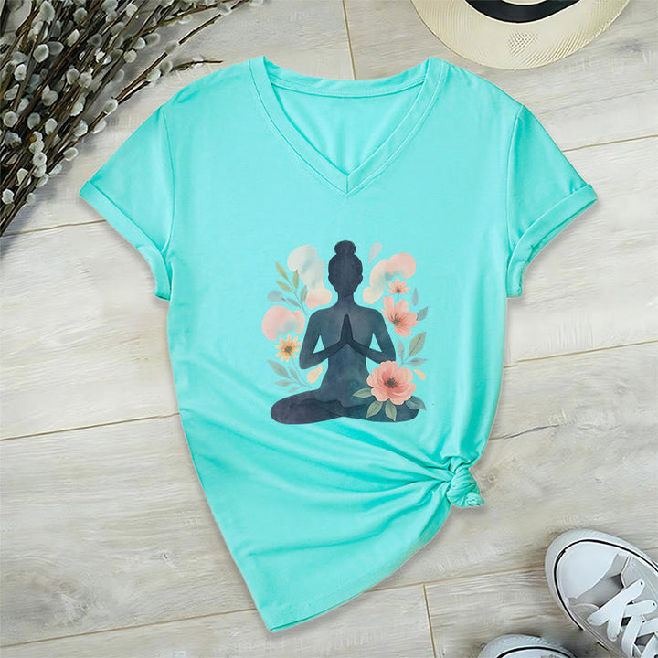 Olivenorma Inner Strength V-Neck Cotton Yoga Meditation T-Shirt - Lake Blue - 2XL - image 13