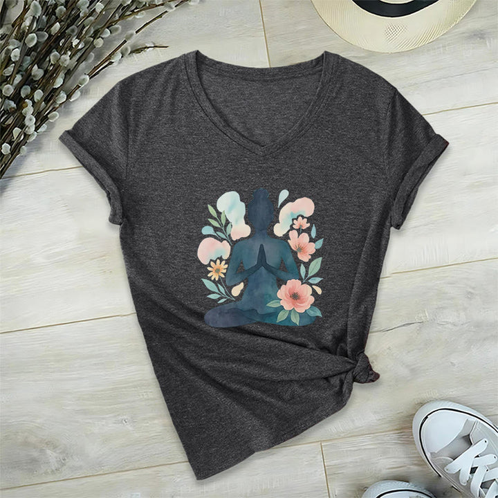 Olivenorma Inner Strength V-Neck Yoga Meditation T-Shirt - Gray - 2XL - image 5