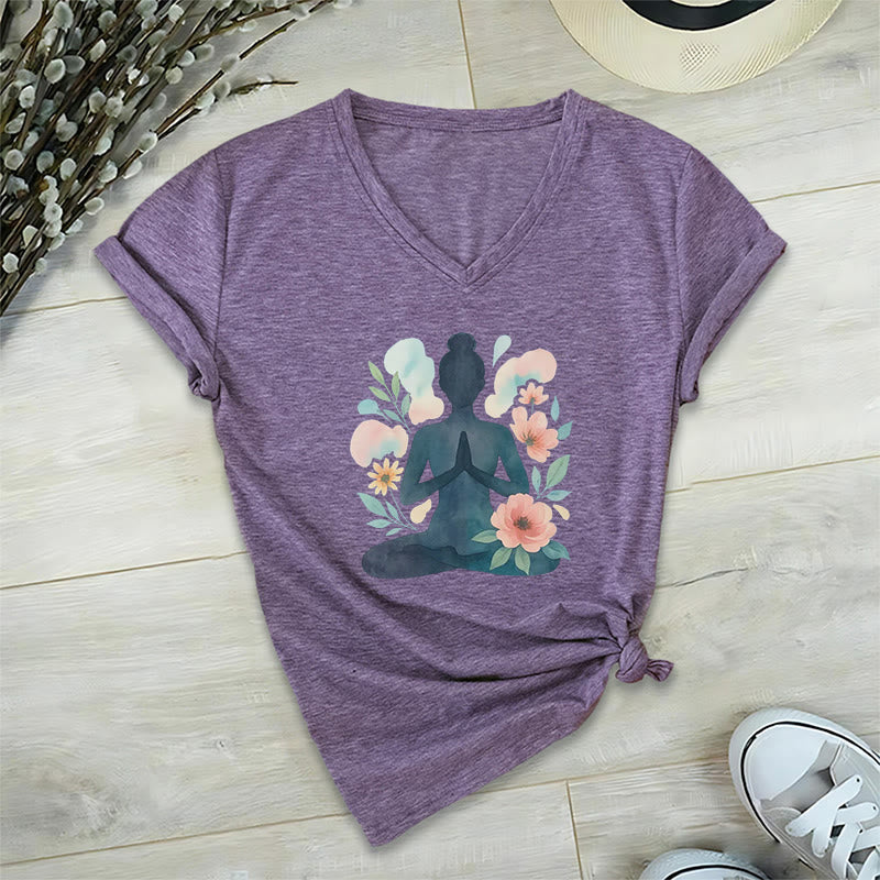 Olivenorma Inner Strength V-Neck Yoga Meditation T-Shirt - Purple - 2XL - image 7