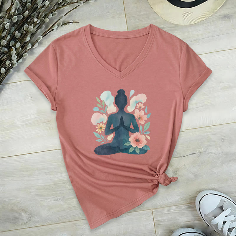 Olivenorma Inner Strength V-Neck Cotton Yoga Meditation T-Shirt - Pink - 2XL - image 9