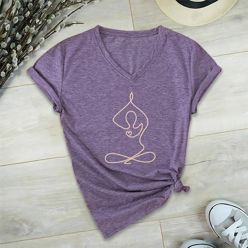 Olivenorma Focus Balance V-Neck Cotton Yoga Meditation T-Shirt - Purple - 2XL - image 9