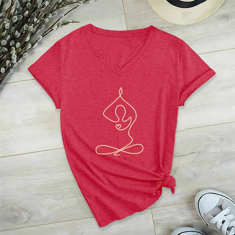 Olivenorma Focus Balance V-Neck Cotton Yoga Meditation T-Shirt - Red - 2XL - image 21
