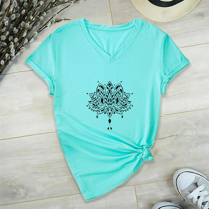 Olivenorma Mandala Energy Harmony V-Neck Cotton Yoga Meditation T-Shirt - Lake Blue - 2XL - image 15
