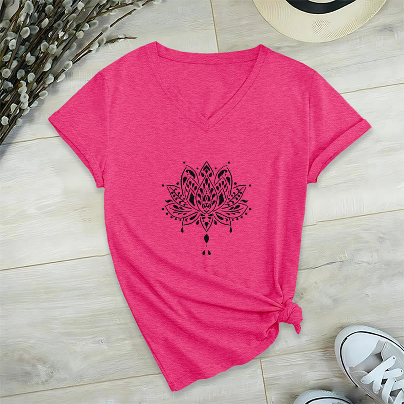 Olivenorma Mandala Energy Harmony V-Neck Yoga Meditation T-Shirt - Rose Red - 2XL - image 25