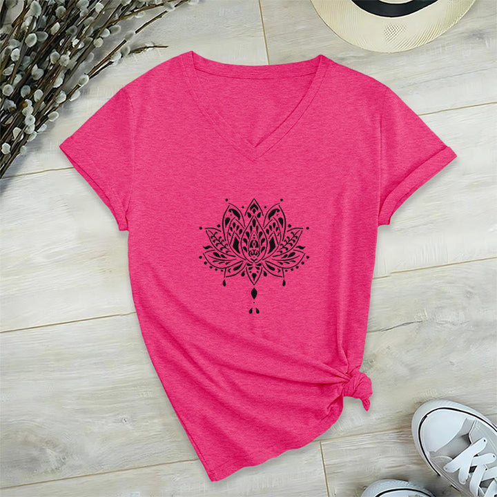 Olivenorma Mandala Energy Harmony V-Neck Cotton Yoga Meditation T-Shirt - Rose Red - 2XL - image 25